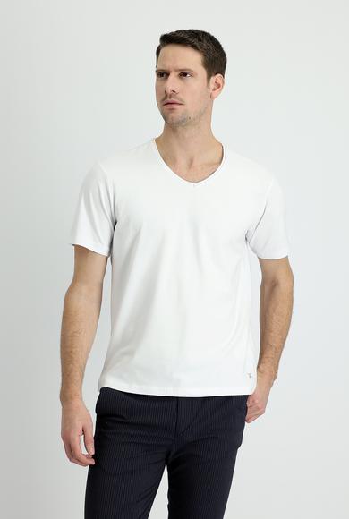 Erkek Giyim - BEYAZ XL Beden V Yaka Regular Fit Nakışlı Pamuklu Süprem Tişört