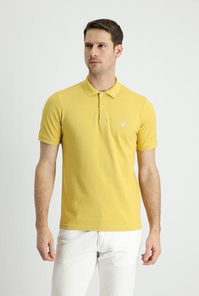 Erkek Giyim - SARI 3X Beden Polo Yaka Slim Fit Dar Kesim Baskılı Pamuk Tişört