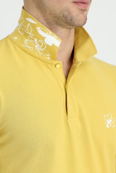 Erkek Giyim - SARI 3X Beden Polo Yaka Slim Fit Dar Kesim Baskılı Pamuk Tişört