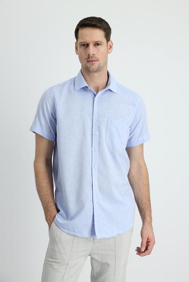 Erkek Giyim - UÇUK MAVİ L Beden Kısa Kol Regular Fit Pamuklu Keten Gömlek