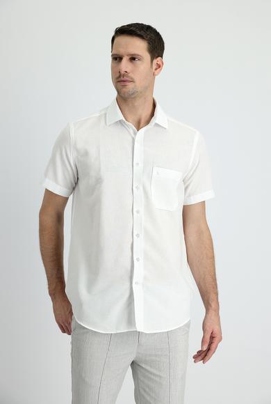 Erkek Giyim - BEYAZ XL Beden Kısa Kol Regular Fit Pamuklu Keten Gömlek