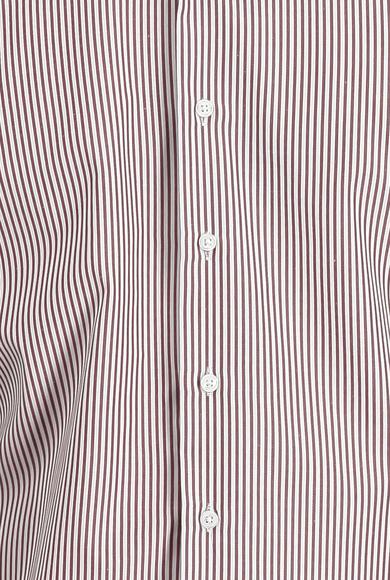Erkek Giyim - AÇIK BORDO L Beden Uzun Kol Slim Fit Çizgili Pamuklu Gömlek