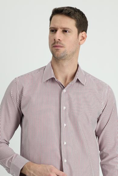 Erkek Giyim - AÇIK BORDO L Beden Uzun Kol Slim Fit Çizgili Pamuklu Gömlek