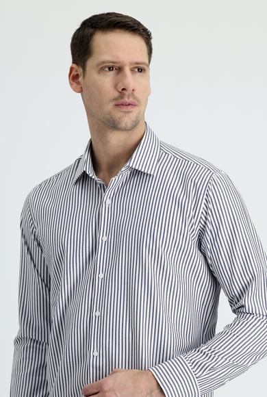 Erkek Giyim - KOYU LACİVERT M Beden Uzun Kol Slim Fit Dar Kesim Çizgili Pamuklu Gömlek
