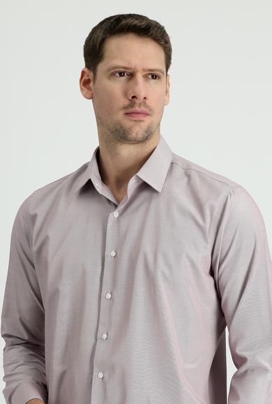 Erkek Giyim - AÇIK BORDO XL Beden Uzun Kol Slim Fit Klasik Çizgili Pamuklu Gömlek