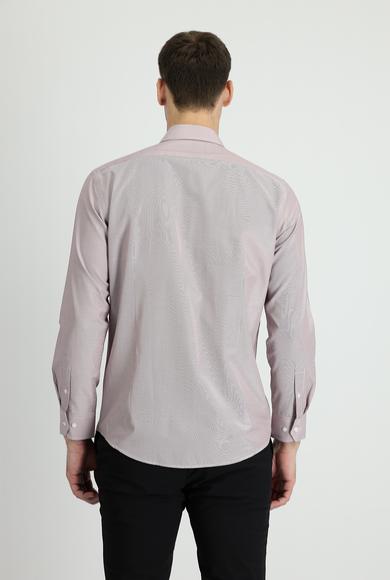 Erkek Giyim - AÇIK BORDO XL Beden Uzun Kol Slim Fit Klasik Çizgili Pamuklu Gömlek
