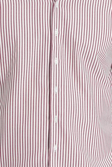 Erkek Giyim - AÇIK BORDO S Beden Uzun Kol Slim Fit Çizgili Pamuklu Gömlek