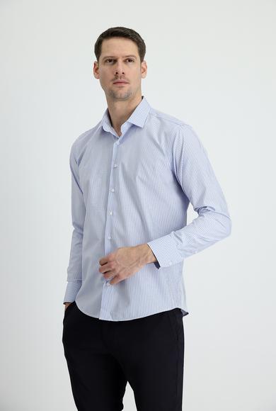 Erkek Giyim - AÇIK MAVİ XXL Beden Uzun Kol Slim Fit Çizgili Pamuklu Gömlek