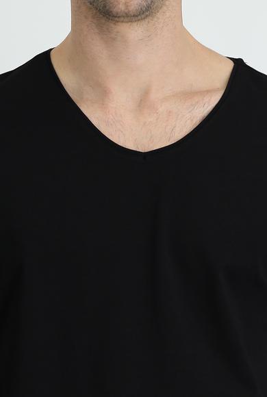 Erkek Giyim - SİYAH L Beden V Yaka Slim Fit Nakışlı Pamuklu Süprem Tişört