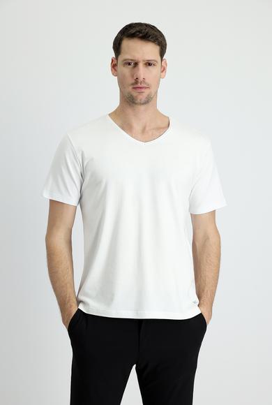 Erkek Giyim - BEYAZ XL Beden V Yaka Slim Fit Nakışlı Pamuklu Süprem Tişört