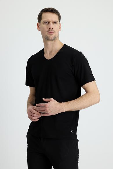 Erkek Giyim - SİYAH L Beden V Yaka Regular Fit Nakışlı Pamuklu Süprem Tişört