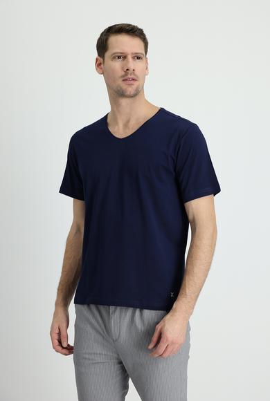 Erkek Giyim - ORTA LACİVERT XL Beden V Yaka Regular Fit Nakışlı Pamuklu Süprem Tişört