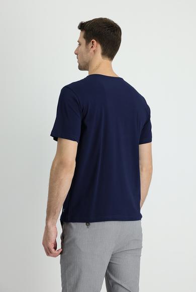 Erkek Giyim - ORTA LACİVERT XL Beden V Yaka Regular Fit Nakışlı Pamuklu Süprem Tişört
