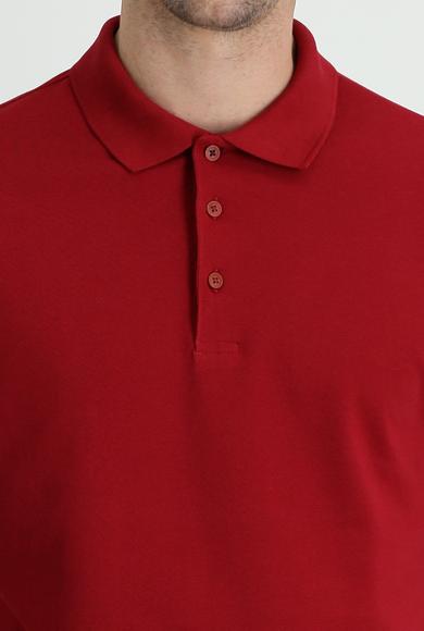 Erkek Giyim - KOYU KIRMIZI XL Beden Polo Yaka Regular Fit Nakışlı Pamuk Tişört