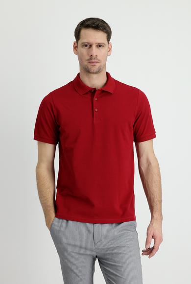 Erkek Giyim - KOYU KIRMIZI XL Beden Polo Yaka Regular Fit Nakışlı Pamuk Tişört