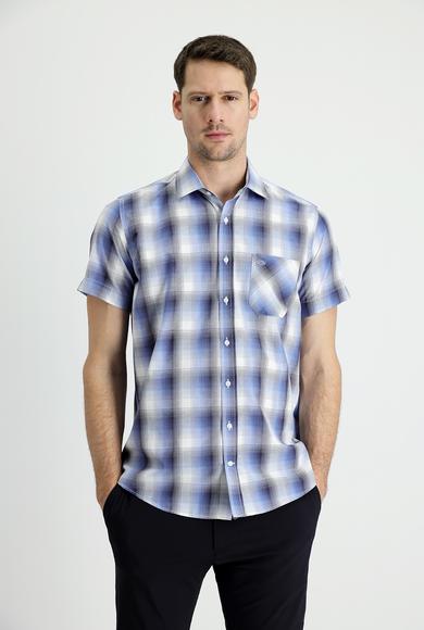 Erkek Giyim - AÇIK MAVİ M Beden Kısa Kol Regular Fit Ekose Pamuklu Gömlek