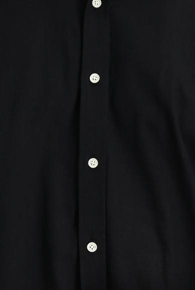 Erkek Giyim - SİYAH 4X Beden Uzun Kol Regular Fit Keten Görünümlü Pamuk Spor Gömlek