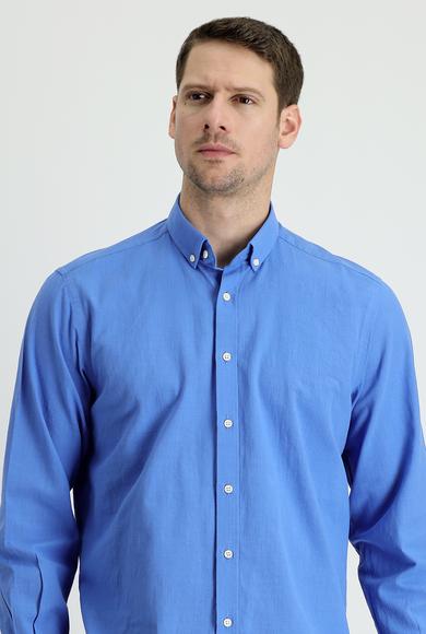 Erkek Giyim - HAVACI MAVİ M Beden Uzun Kol Regular Fit Keten Görünümlü Pamuk Spor Gömlek