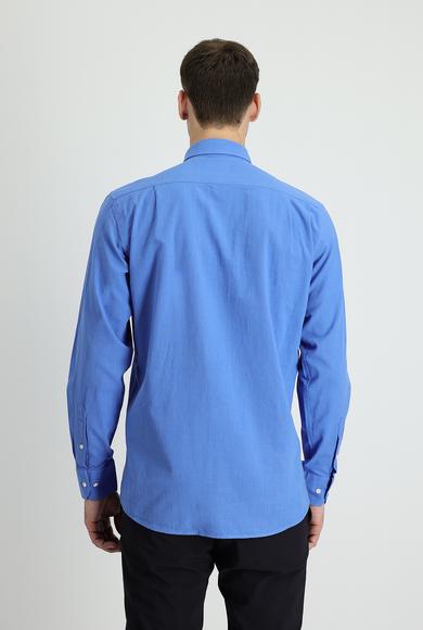 Erkek Giyim - HAVACI MAVİ M Beden Uzun Kol Regular Fit Keten Görünümlü Pamuk Spor Gömlek