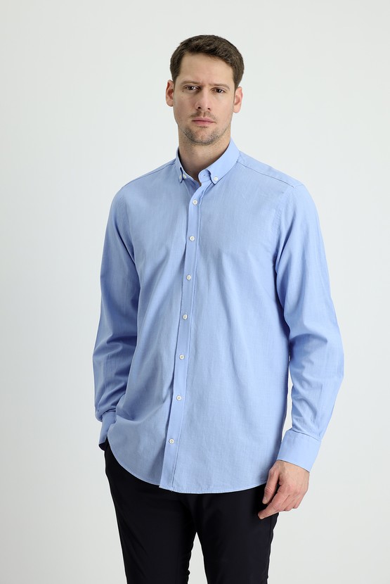 Erkek Giyim - Uzun Kol Regular Fit Keten Görünümlü Pamuk Spor Gömlek