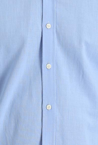 Erkek Giyim - MAVİ M Beden Uzun Kol Regular Fit Keten Görünümlü Pamuk Spor Gömlek