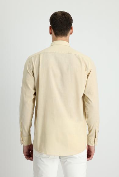 Erkek Giyim - AÇIK BEJ 3X Beden Uzun Kol Regular Fit Keten Görünümlü Pamuk Spor Gömlek