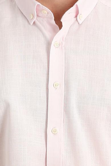 Erkek Giyim - TOZ PEMBE M Beden Uzun Kol Regular Fit Keten Görünümlü Pamuk Spor Gömlek