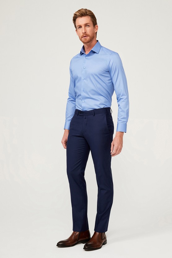 Erkek Giyim - Uzun Kol Slim Fit Dar Kesim Non Iron Saten Klasik Pamuklu Gömlek
