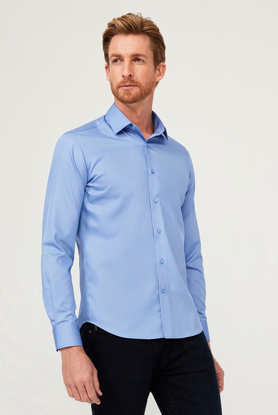Erkek Giyim - Uzun Kol Slim Fit Dar Kesim Non Iron Saten Klasik Pamuklu Gömlek