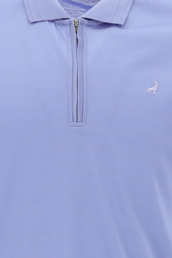 Polo Yaka Slim Fit Dar Kesim Fermuarlı Nakışlı Merserize Pamuk Tişört