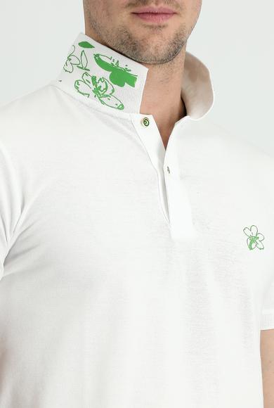 Erkek Giyim - KIRIK BEYAZ 3X Beden Polo Yaka Slim Fit Baskılı Pamuk Tişört