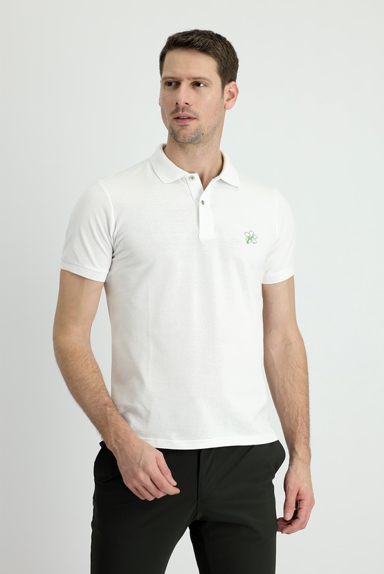 Erkek Giyim - Polo Yaka Slim Fit Dar Kesim Baskılı Pamuk Tişört