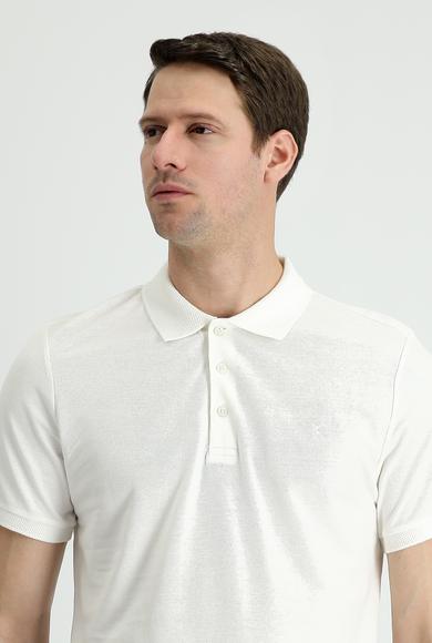 Erkek Giyim - BEYAZ L Beden Polo Yaka Slim Fit Nakışlı Pamuk Tişört