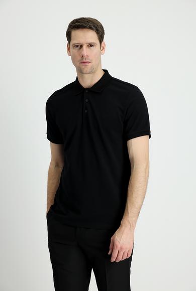 Erkek Giyim - SİYAH XL Beden Polo Yaka Slim Fit Nakışlı Pamuk Tişört