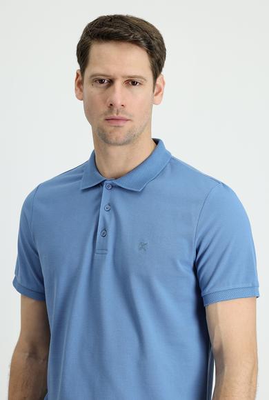 Erkek Giyim - KOYU HAVACI XL Beden Polo Yaka Slim Fit Nakışlı Pamuk Tişört