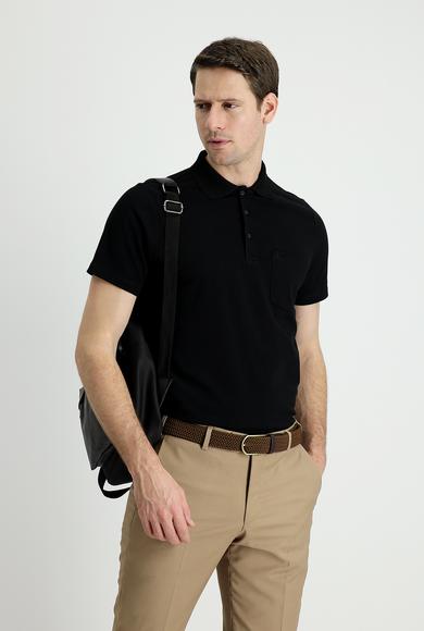 Erkek Giyim - SİYAH S Beden Polo Yaka Regular Fit Nakışlı Pamuk Tişört
