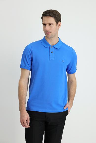 Erkek Giyim - ÇİVİT MAVİSİ XL Beden Polo Yaka Slim Fit Nakışlı Pamuk Tişört