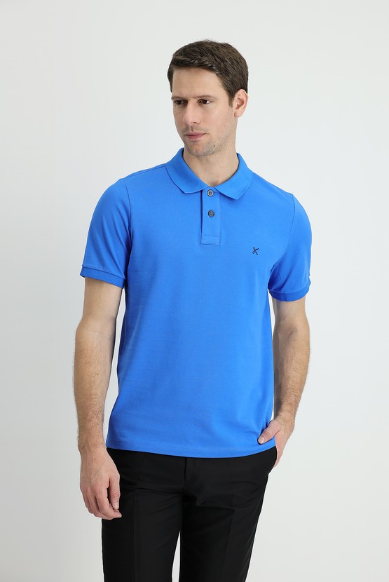 Erkek Giyim - Polo Yaka Slim Fit Nakışlı Pamuk Tişört