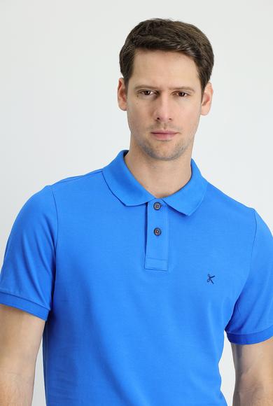 Erkek Giyim - ÇİVİT MAVİSİ L Beden Polo Yaka Slim Fit Nakışlı Pamuk Tişört
