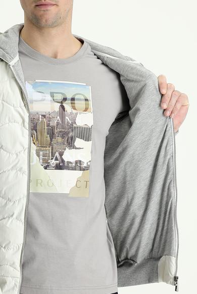 Erkek Giyim - AÇIK GRİ 56 Beden Slim Fit Kapüşonlu Kapitone Spor Mont