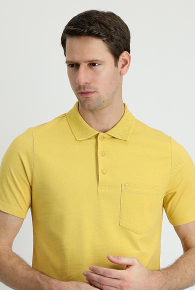 Erkek Giyim - KOYU SARI M Beden Polo Yaka Regular Fit Nakışlı Pamuk Tişört