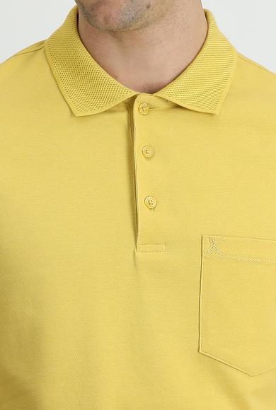 Erkek Giyim - KOYU SARI L Beden Polo Yaka Regular Fit Nakışlı Pamuk Tişört