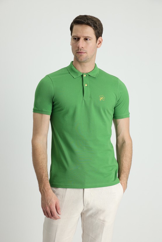Erkek Giyim - Polo Yaka Slim Fit Baskılı Pamuk Tişört