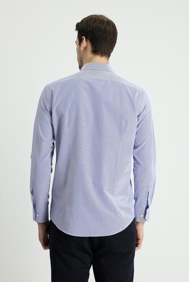 Erkek Giyim - SAKS MAVİ L Beden Uzun Kol Slim Fit Çizgili Pamuklu Gömlek
