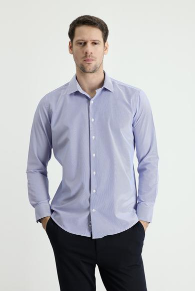Erkek Giyim - SAKS MAVİ XL Beden Uzun Kol Slim Fit Çizgili Pamuklu Gömlek