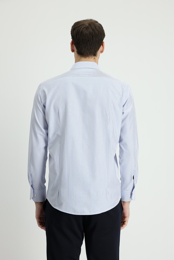 Erkek Giyim - Uzun Kol Slim Fit Çizgili Pamuklu Gömlek