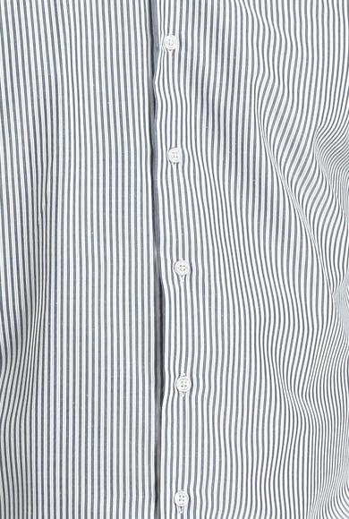 Erkek Giyim - ORTA LACİVERT XL Beden Uzun Kol Slim Fit Çizgili Pamuklu Gömlek