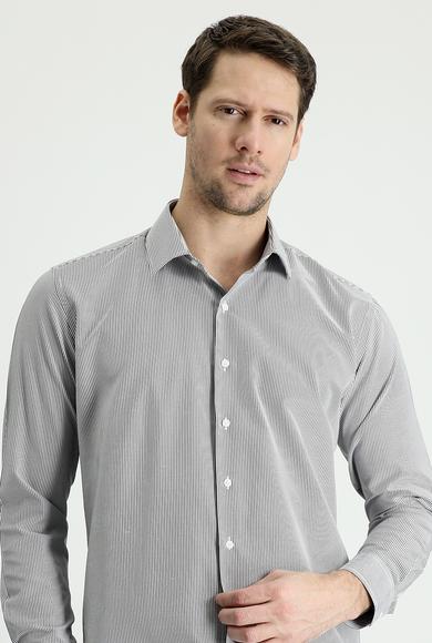 Erkek Giyim - SİYAH L Beden Uzun Kol Slim Fit Çizgili Pamuklu Gömlek