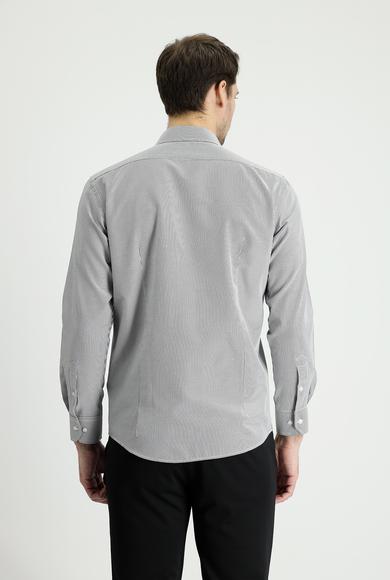 Erkek Giyim - SİYAH XL Beden Uzun Kol Slim Fit Çizgili Pamuklu Gömlek