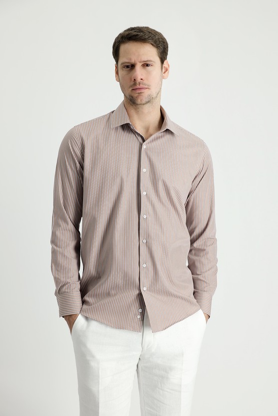 Erkek Giyim - Uzun Kol Slim Fit Dar Kesim Çizgili Gömlek